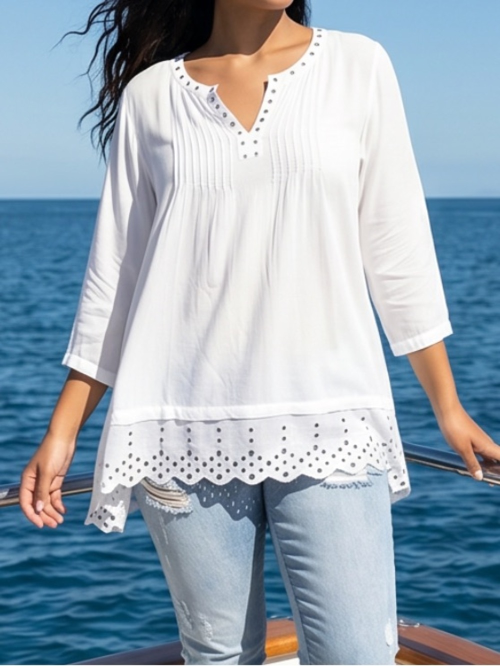 Casual White Stud-Trim Pintuck V-Neck Tunic